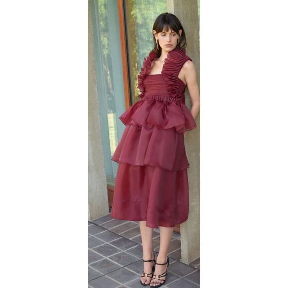 Aje. Asra Pleated Frill Midi Dress in Mahogany Red NWOT Size 6 - Picture 1 of 10